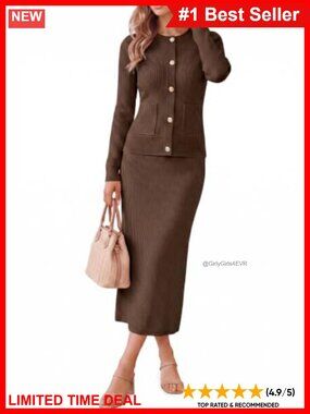 Ribbed Knit 2 Piece Sweater Set Button Down Cardigan & Maxi Skirt